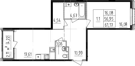 Квартира 61,2 м², 1-комнатная - изображение 1