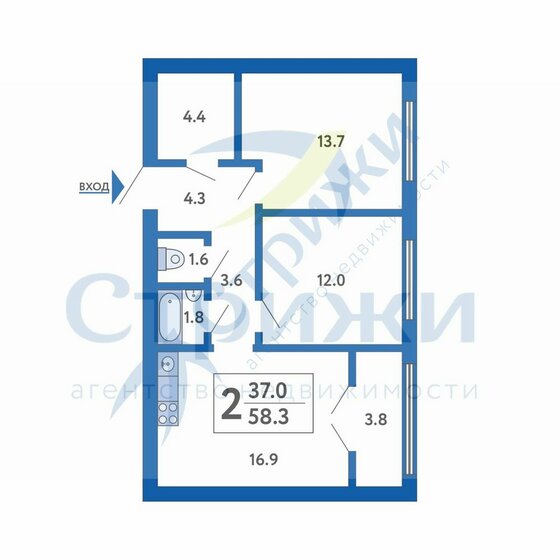 58,3 м², 2-комнатная квартира 9 700 000 ₽ - изображение 1