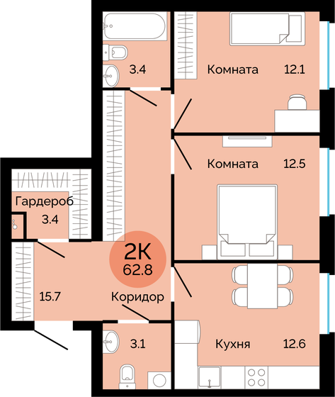 62,8 м², 2-комнатная квартира 7 000 000 ₽ - изображение 1