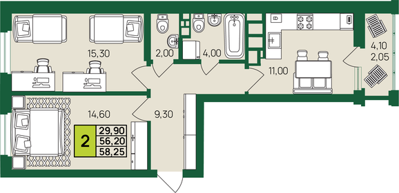 58,4 м², 2-комнатная квартира 6 378 800 ₽ - изображение 21