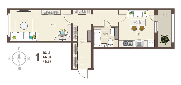 Квартира 46,3 м², 1-комнатная - изображение 1