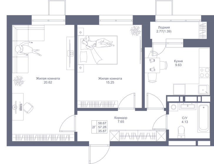 58,7 м², 2-комнатная квартира 11 616 660 ₽ - изображение 1