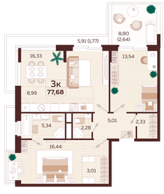 Квартира 77,7 м², 3-комнатная - изображение 1