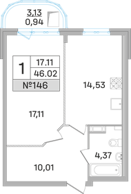 Квартира 46 м², 1-комнатная - изображение 1