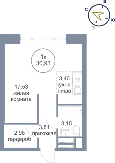 30,9 м², 1-комнатная квартира 6 950 000 ₽ - изображение 1