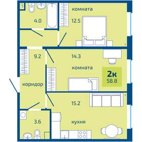 Квартира 58,8 м², 2-комнатная - изображение 1