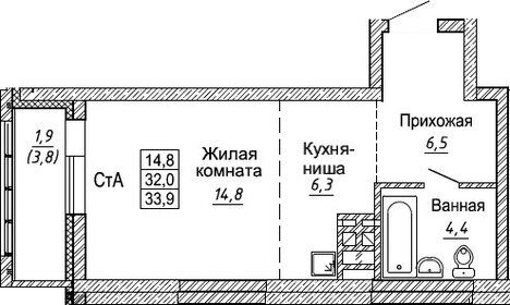 Квартира 33,9 м², студия - изображение 2