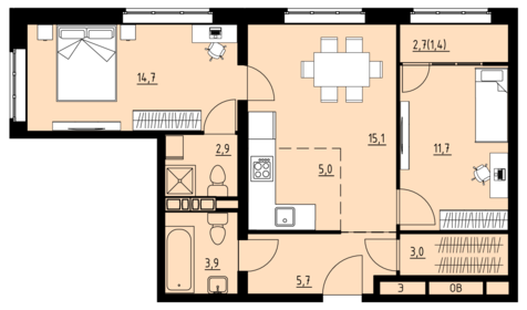 Квартира 63,4 м², 3-комнатная - изображение 1