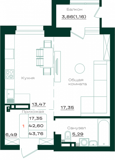 43,8 м², 1-комнатная квартира 6 428 344 ₽ - изображение 1