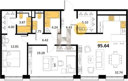 Квартира 95,6 м², 2-комнатная - изображение 1