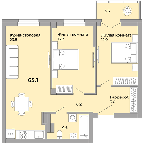 65,1 м², 2-комнатная квартира 8 072 400 ₽ - изображение 1