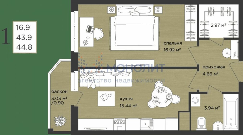 44,8 м², 1-комнатная квартира 6 600 000 ₽ - изображение 51