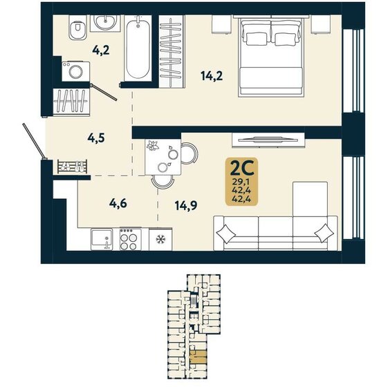 42,4 м², 2-комнатная квартира 6 334 600 ₽ - изображение 1