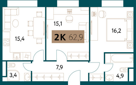 Квартира 63 м², 2-комнатная - изображение 1