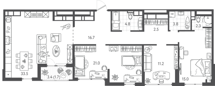 Квартира 112,5 м², 3-комнатная - изображение 1