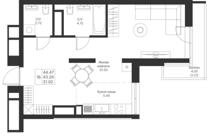 45 м², 1-комнатная квартира 11 990 000 ₽ - изображение 44