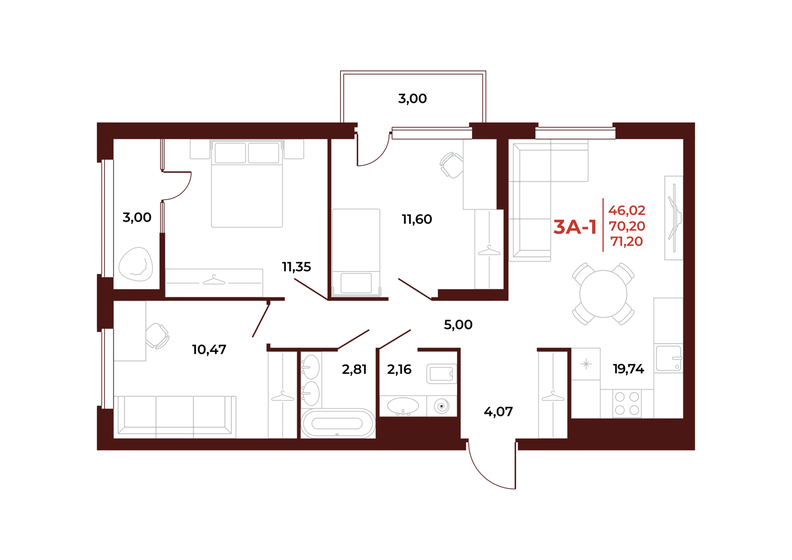 71,2 м², 3-комнатная квартира 7 974 400 ₽ - изображение 1