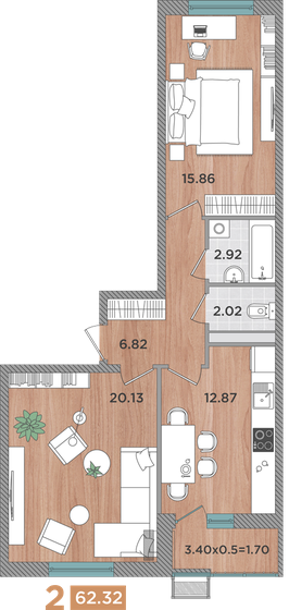 64 м², 2-комнатная квартира 6 833 203 ₽ - изображение 1