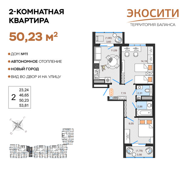 50,2 м², 2-комнатная квартира 5 374 610 ₽ - изображение 1