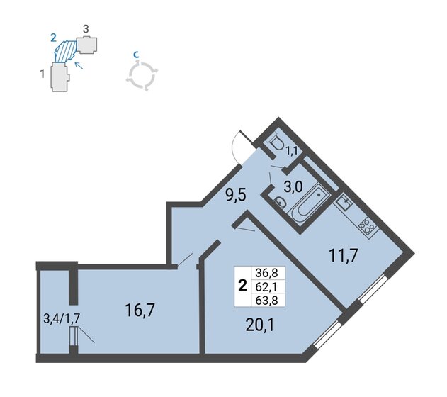 63,8 м², 2-комнатная квартира 12 918 980 ₽ - изображение 1