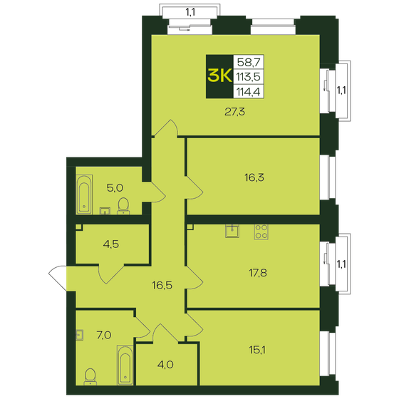114,4 м², 3-комнатная квартира 11 897 600 ₽ - изображение 1