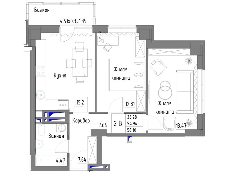 58,1 м², 2-комнатная квартира 8 460 760 ₽ - изображение 1