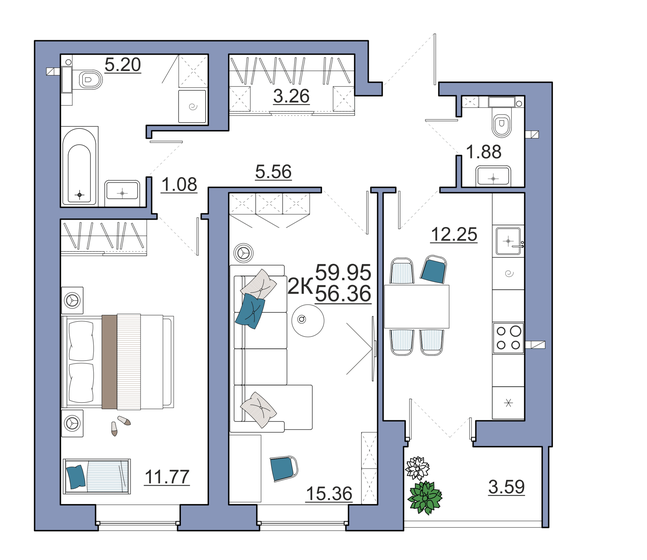 60 м², 2-комнатная квартира 5 405 500 ₽ - изображение 1