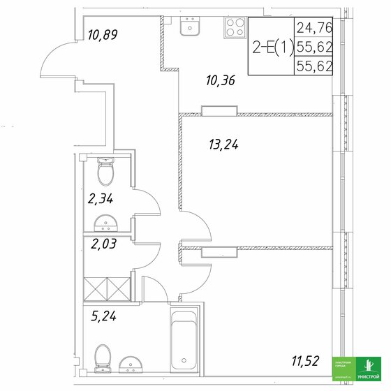 55,6 м², 2-комнатная квартира 14 403 000 ₽ - изображение 1