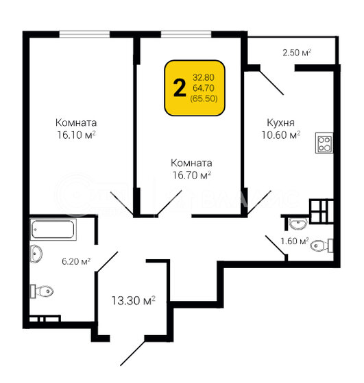 65,5 м², 2-комнатная квартира 7 532 500 ₽ - изображение 19