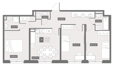 Квартира 74,2 м², 3-комнатные - изображение 1