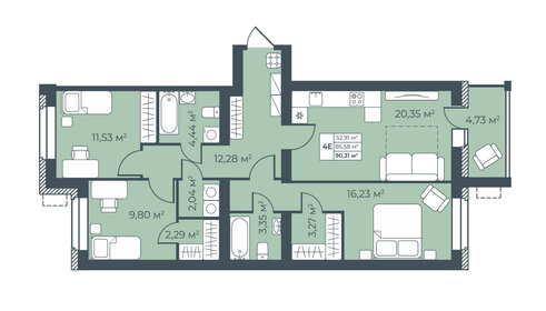 Квартира 90,3 м², 4-комнатная - изображение 1