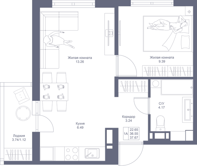 37,7 м², 1-комнатная квартира 7 044 290 ₽ - изображение 1