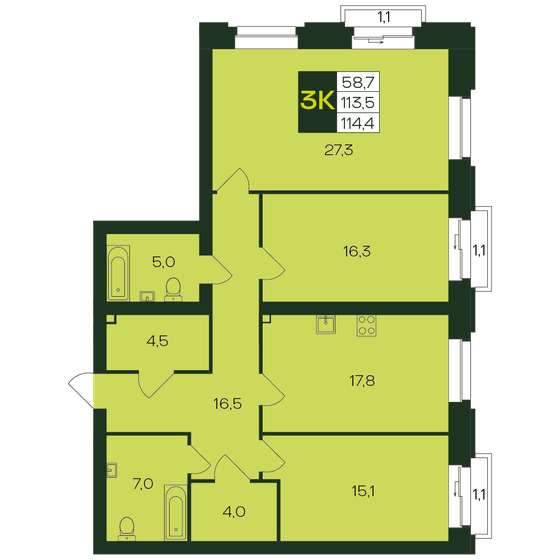 114,4 м², 3-комнатная квартира 12 126 400 ₽ - изображение 1