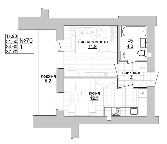 34,6 м², 1-комнатная квартира 5 363 000 ₽ - изображение 1