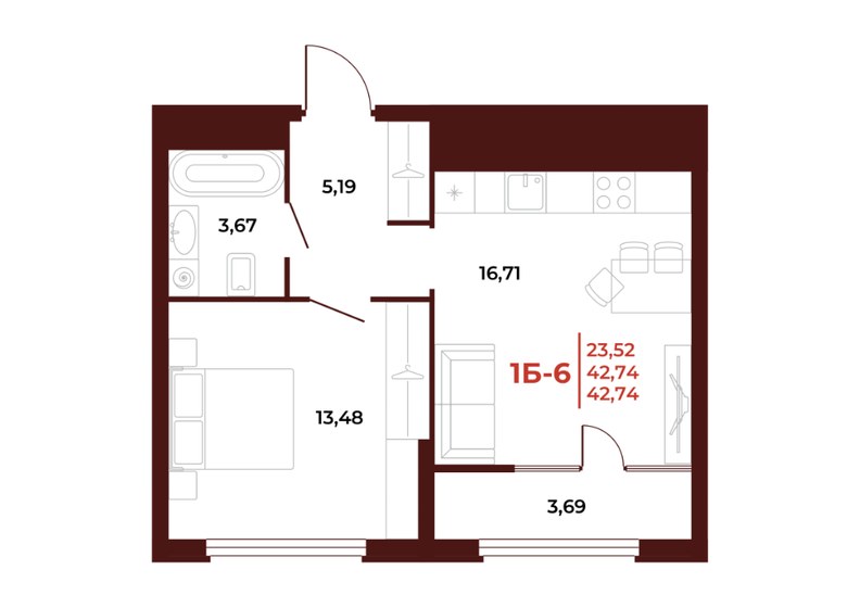 42,7 м², 1-комнатная квартира 4 615 920 ₽ - изображение 1