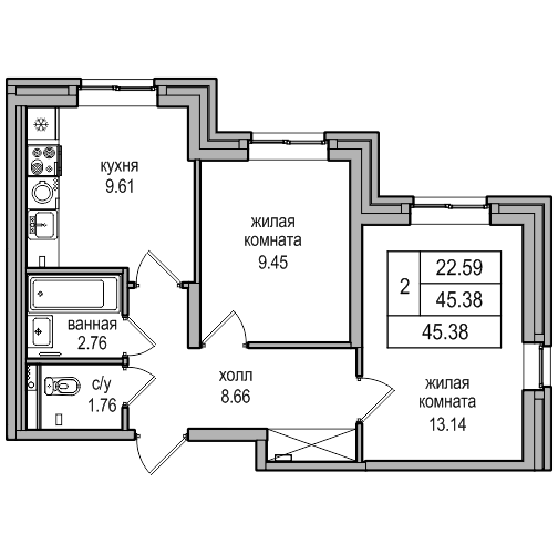 45,4 м², 2-комнатная квартира 10 237 728 ₽ - изображение 1