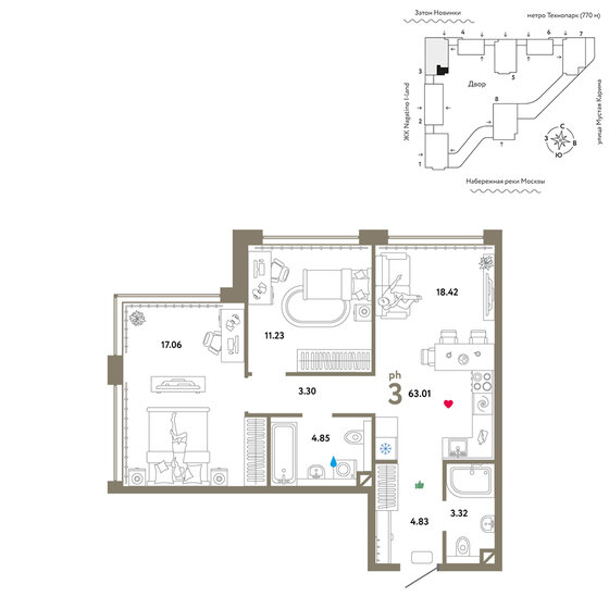 63 м², 3-комнатная квартира 33 490 000 ₽ - изображение 1