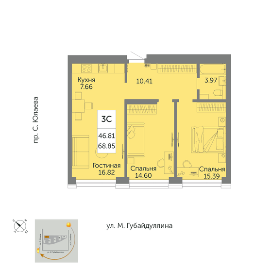 68,9 м², 3-комнатная квартира 10 417 000 ₽ - изображение 1