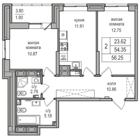 56,2 м², 2-комнатная квартира 10 385 760 ₽ - изображение 70