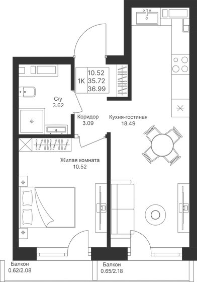 37 м², 1-комнатная квартира 10 357 200 ₽ - изображение 1