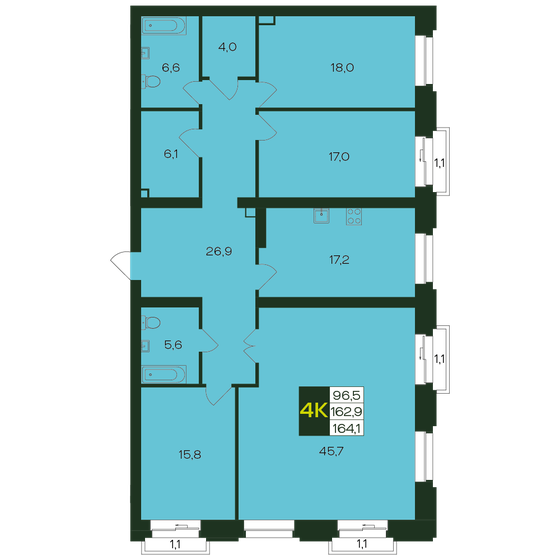 164,1 м², 4-комнатная квартира 17 230 500 ₽ - изображение 1