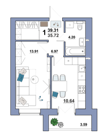 42,4 м², 1-комнатная квартира 3 739 440 ₽ - изображение 36