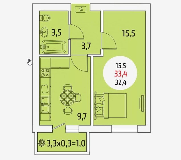 33,4 м², 1-комнатная квартира 5 000 000 ₽ - изображение 1