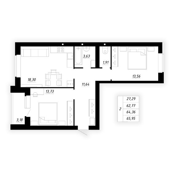 64,4 м², 2-комнатная квартира 5 399 000 ₽ - изображение 1