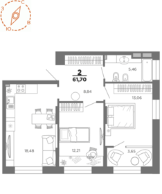 Квартира 61,7 м², 2-комнатная - изображение 1