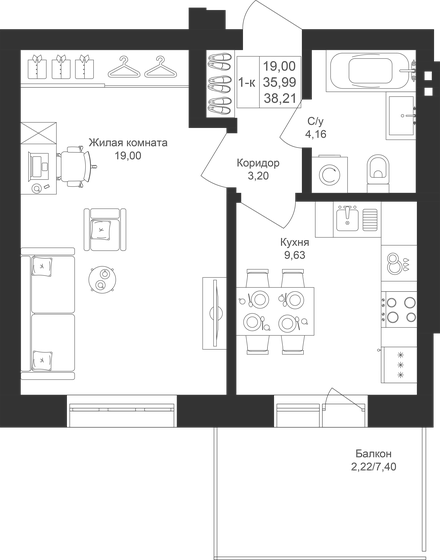 38,2 м², 1-комнатная квартира 7 221 690 ₽ - изображение 1