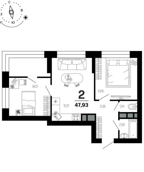 47,9 м², 2-комнатная квартира 6 604 085 ₽ - изображение 1