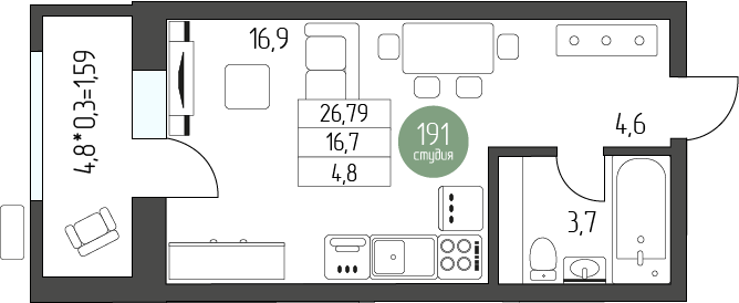 29,6 м², квартира-студия 4 329 600 ₽ - изображение 1