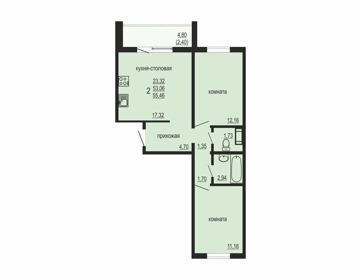 55,5 м², 2-комнатная квартира 4 980 000 ₽ - изображение 1
