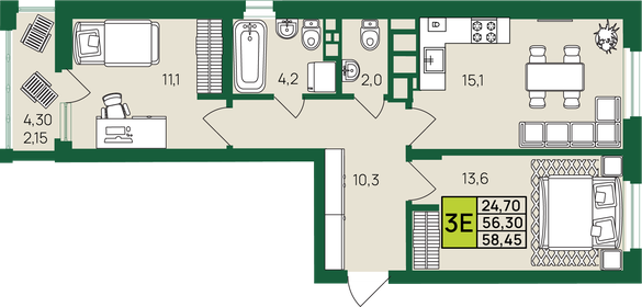 Квартира 58,5 м², 3-комнатная - изображение 1